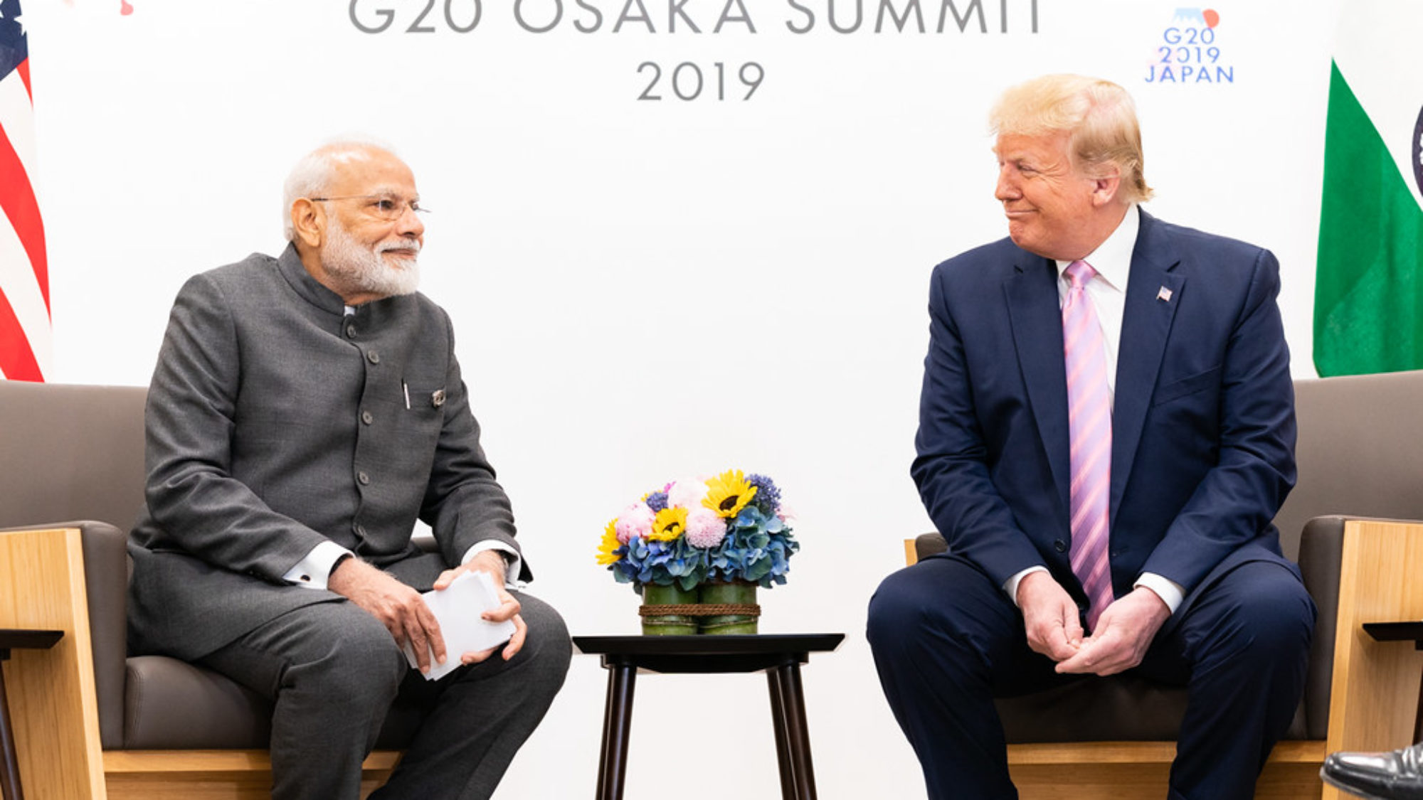 U.S. President Donald Trump and Indian Prime Minister Narendra Modi shake hands at the 2019 G20 Conference in Osaka, Japan