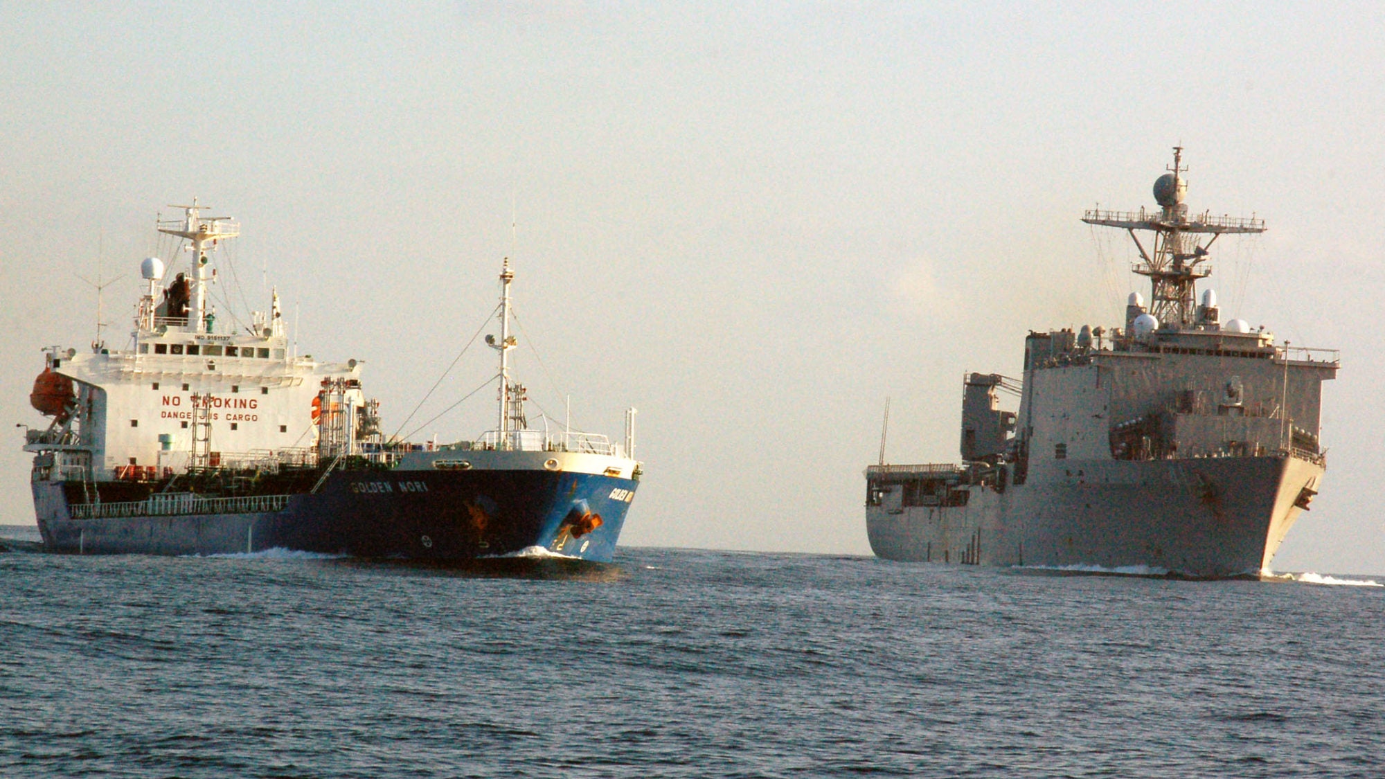 Two large US Navy ships on the sea