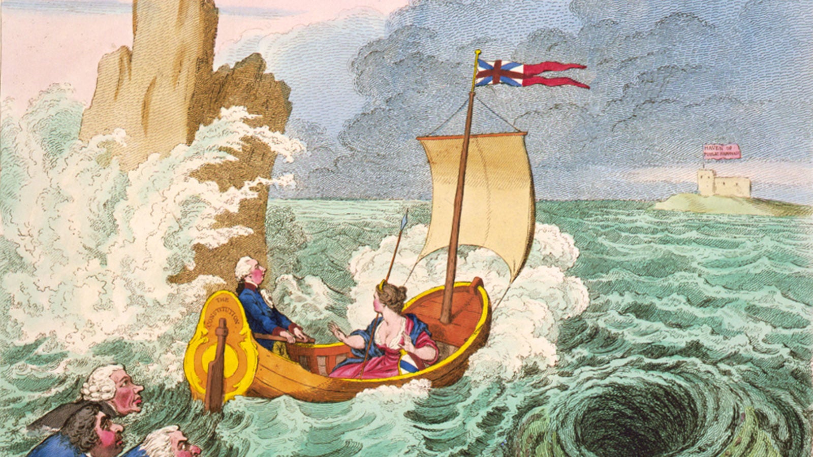 old drawing of man and woman in boat with a British flag