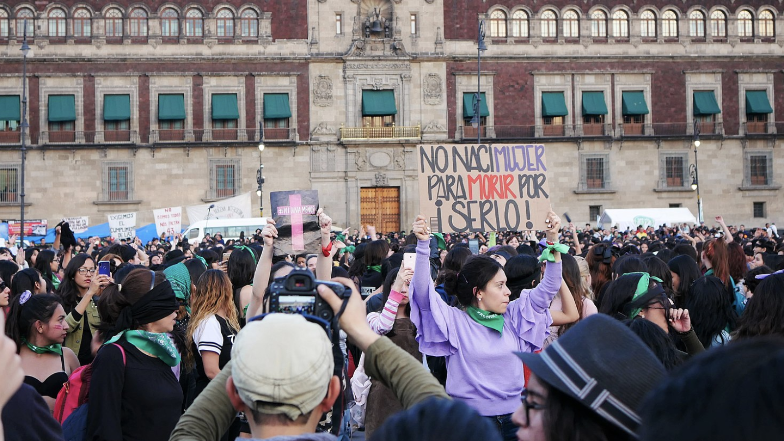 A woman stands in a crown in front of an ornate building, holding a sign that reads (in Spanish) &quot;I was not born a woman just to die for being one.&quot;