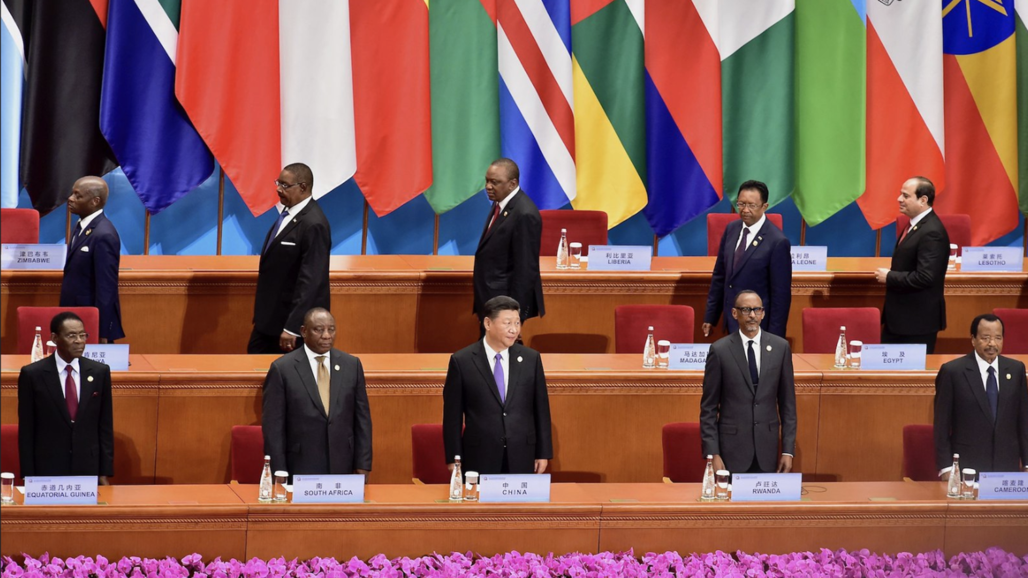 Xi Jinping and African country leaders stand behind rows of chairs, with country flags in the background.