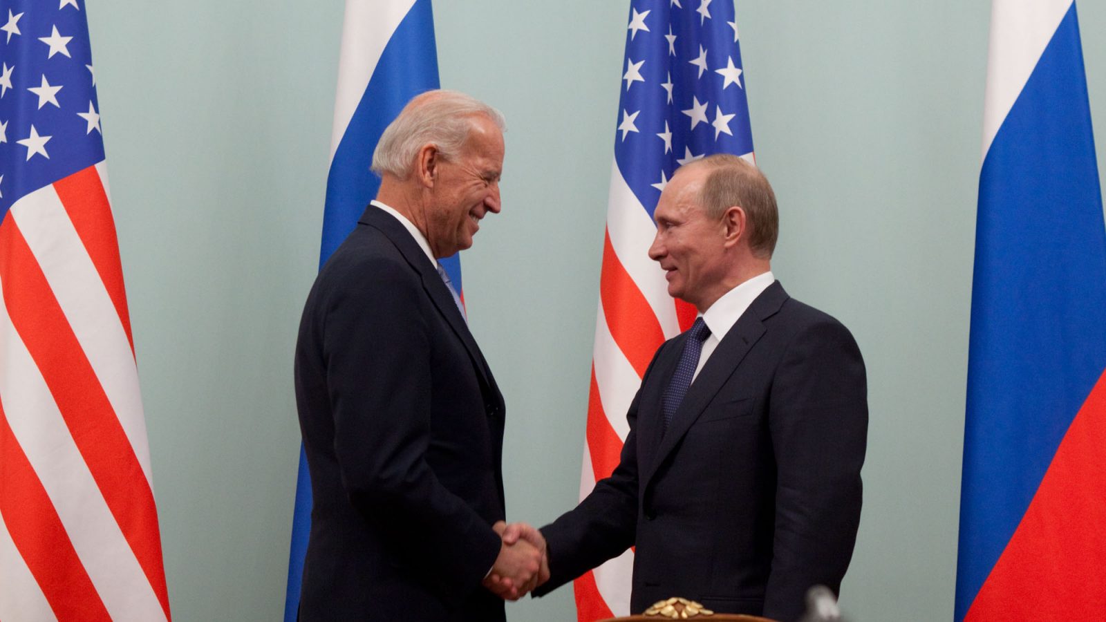 Vice President Joe Biden greets Russian Prime Minister Vladimir Putin at the Russian White House, in Moscow, Russia, March 10, 2011. (Official White House Photo by David Lienemann).