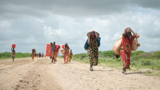 Women, walking with what possessions they can carry, arrive in a steady trickle at an IDP camp erected next to an AMISOM military base near the town of Jowhar, Somalia, on November 12. Heavy rains in Somalia, coupled with recent disputes between clans, has resulted in over four thousand IDPs seeking shelter at an AMISOM military base near the town of Jowhar, with more arriving daily.