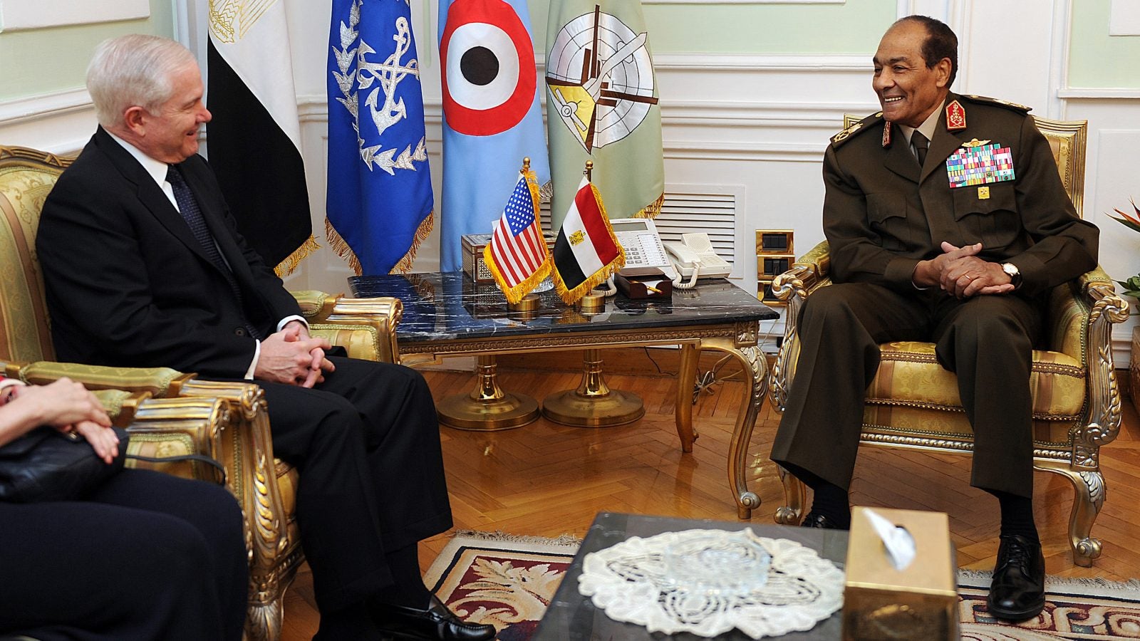 Secretary of Defense Robert M. Gates (left) meets with Head of Supreme Military Council and Egyptian Defense Minister Mohamed Hussein Tantawi (right), in Cairo, Egypt, on March 24, 2011.