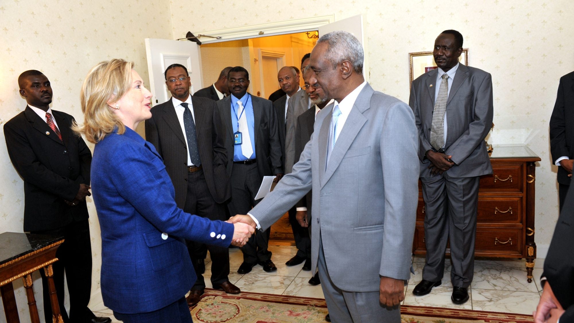 U.S. Secretary of State Hillary Rodham Clinton (left) shakes hands with Sudanese Vice President Ali Osman Taha (right) after their bilateral meeting at the Waldorf-Astoria in New York, New York, on September 21, 2010. [State Department photo/ Public Domain]