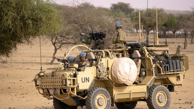 A British peacekeeping jeep patrolling Mali