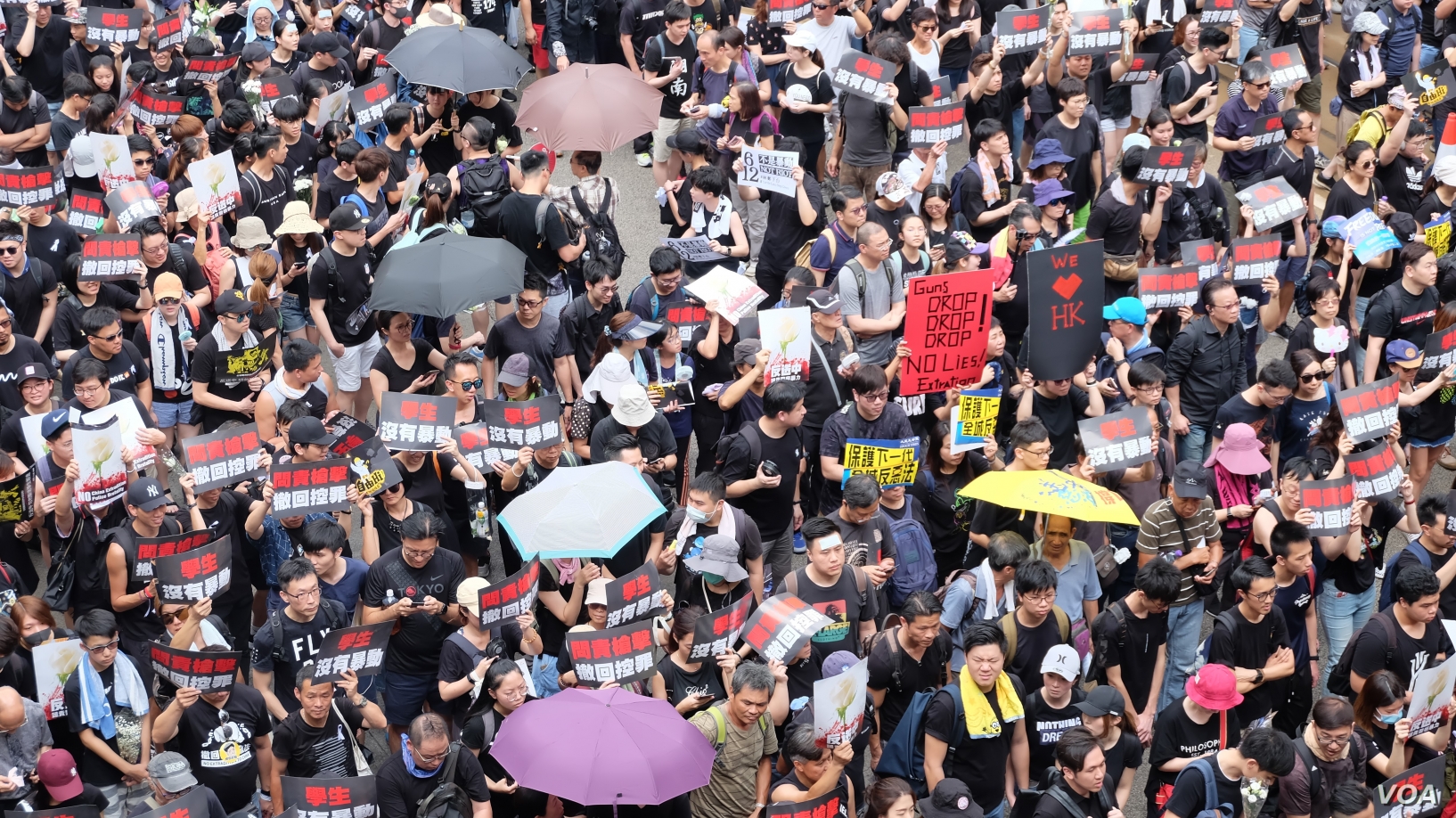 A large crowd of people hold signs calling for the resignation of Hong Kong's leaders.