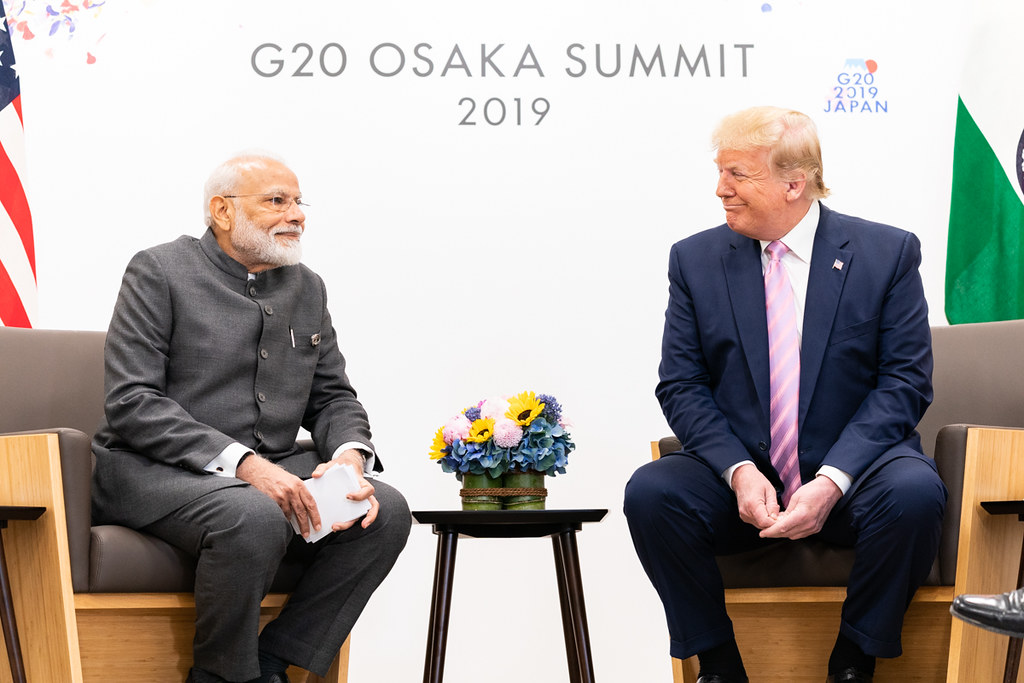 U.S. President Donald Trump and Indian Prime Minister Narendra Modi shake hands at the 2019 G20 Conference in Osaka, Japan