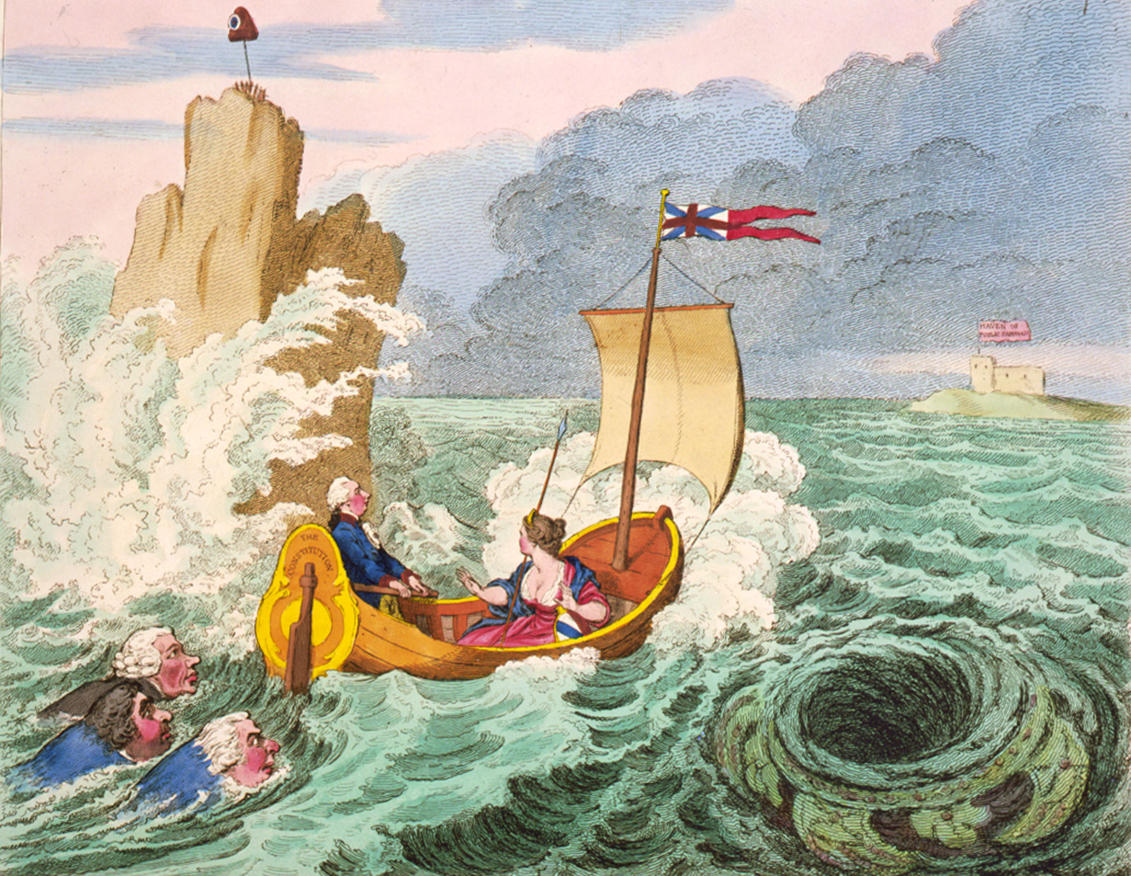 old drawing of man and woman in boat with a British flag