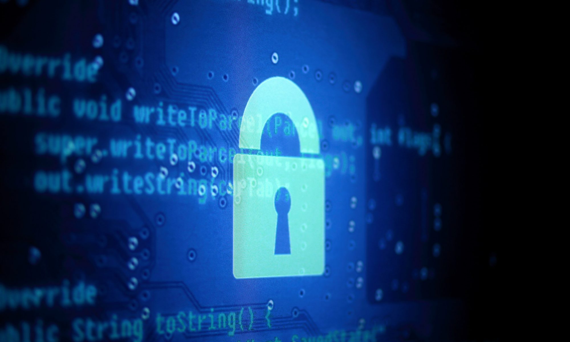 Glowing blue lock with computer code in the background