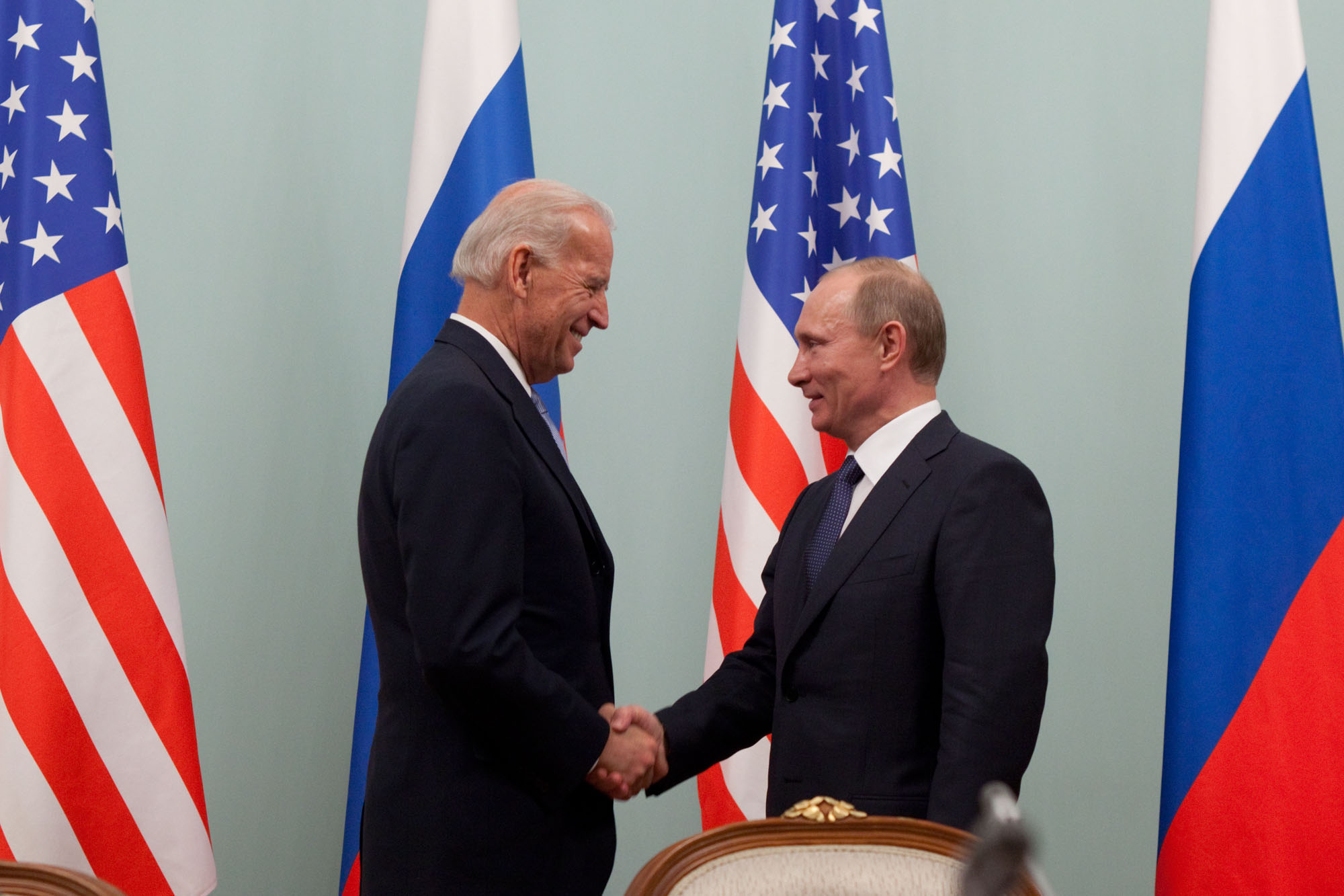 Vice President Joe Biden greets Russian Prime Minister Vladimir Putin at the Russian White House, in Moscow, Russia, March 10, 2011. (Official White House Photo by David Lienemann).