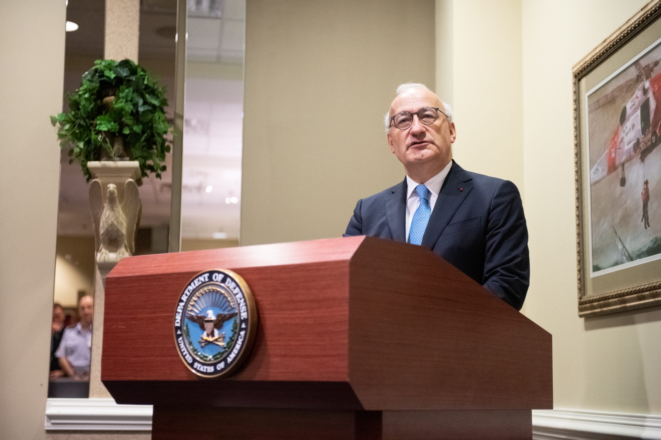 French Ambassador to the U.S. Philippe Etienne speaks before presenting the French Legion of Honour to U.S. Air Force Gen. Paul J. Selva, vice chairman of the Joint Chiefs of Staff, during a brief ceremony at the Pentagon