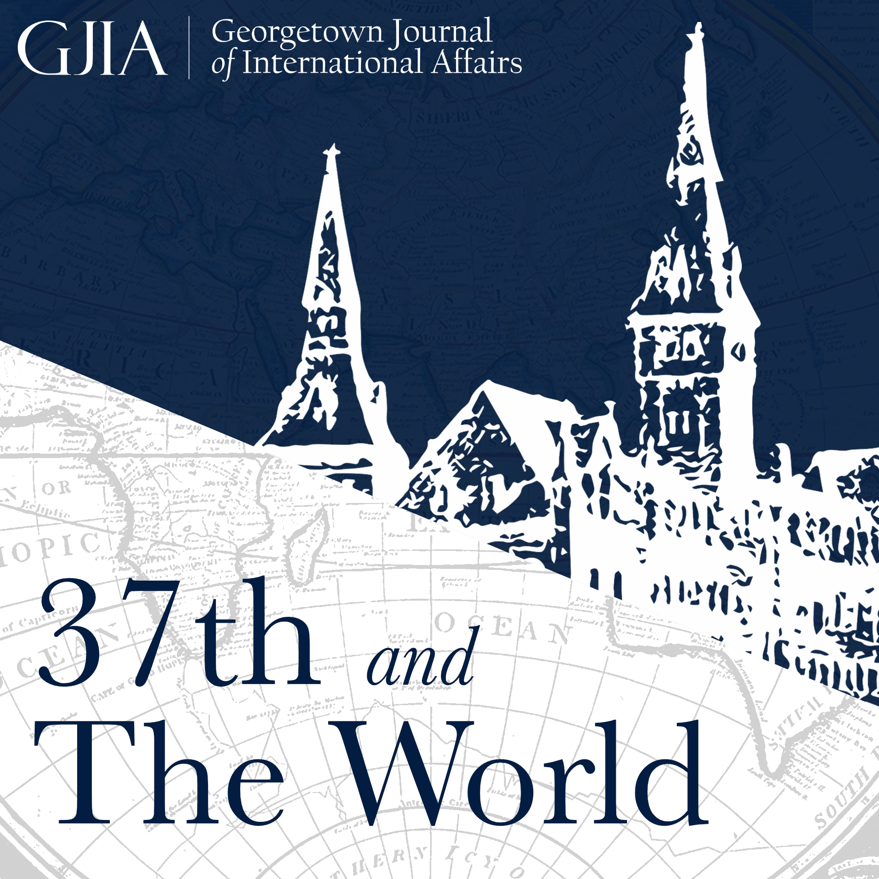 The logo of 37th & The World. It shows a silhouette of a gothic building, Healy Hall, next to a globe.