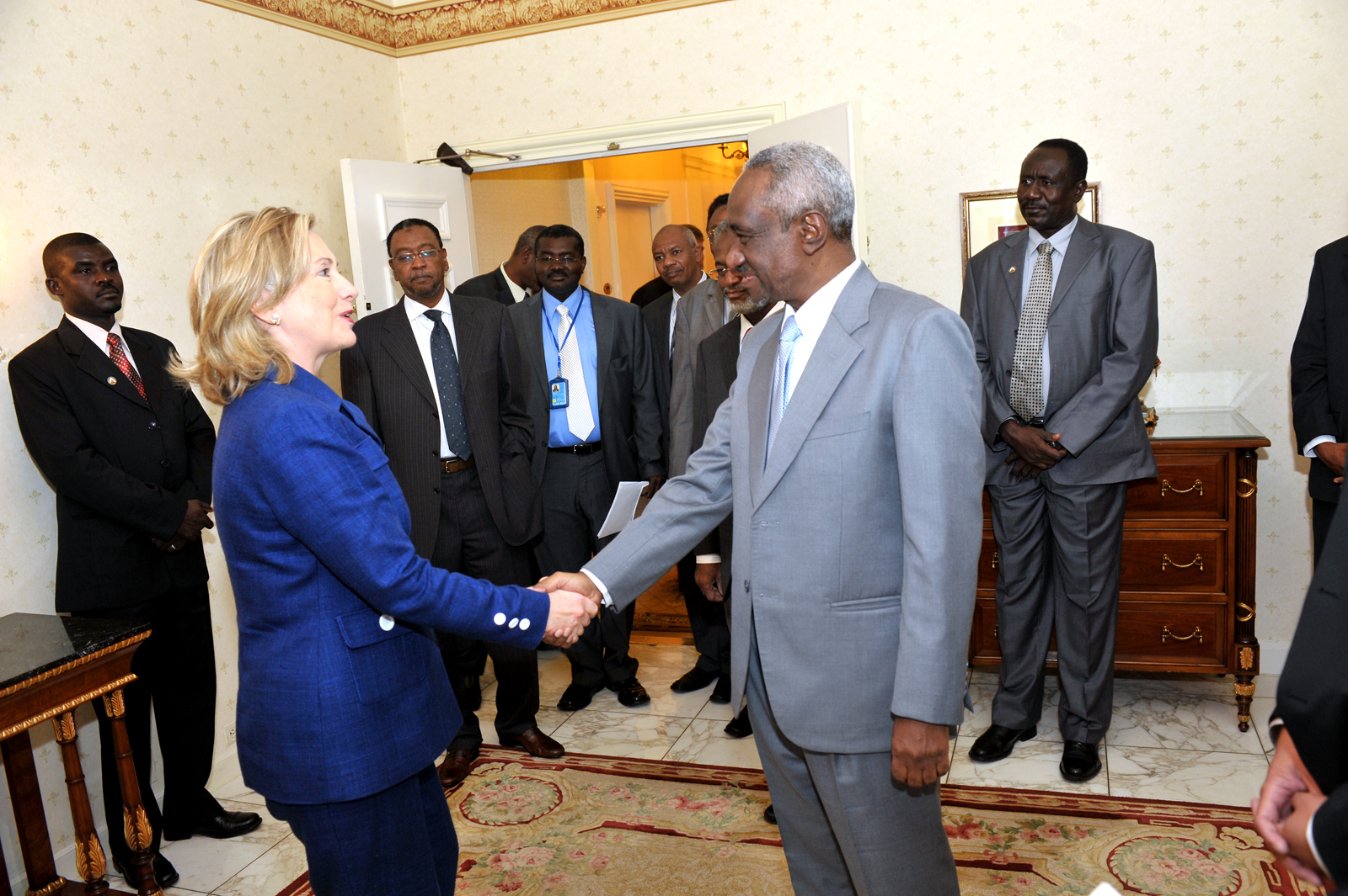 U.S. Secretary of State Hillary Rodham Clinton (left) shakes hands with Sudanese Vice President Ali Osman Taha (right) after their bilateral meeting at the Waldorf-Astoria in New York, New York, on September 21, 2010. [State Department photo/ Public Domain]