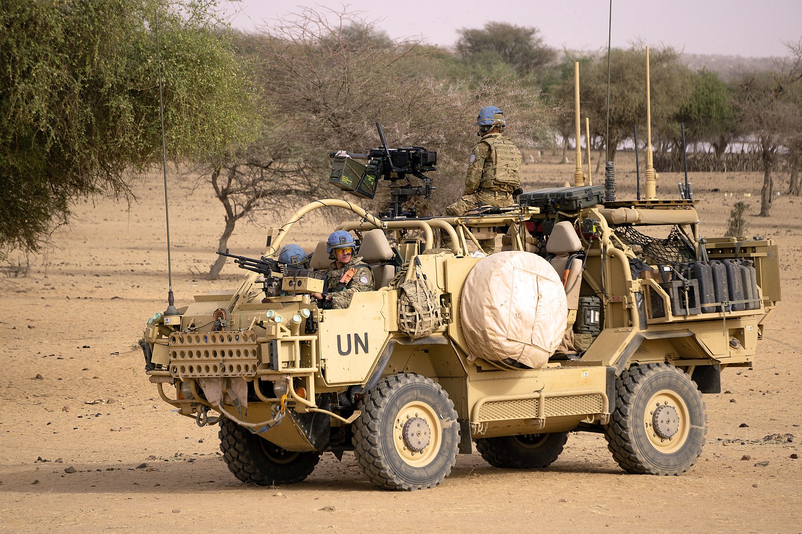 A British peacekeeping jeep patrolling Mali