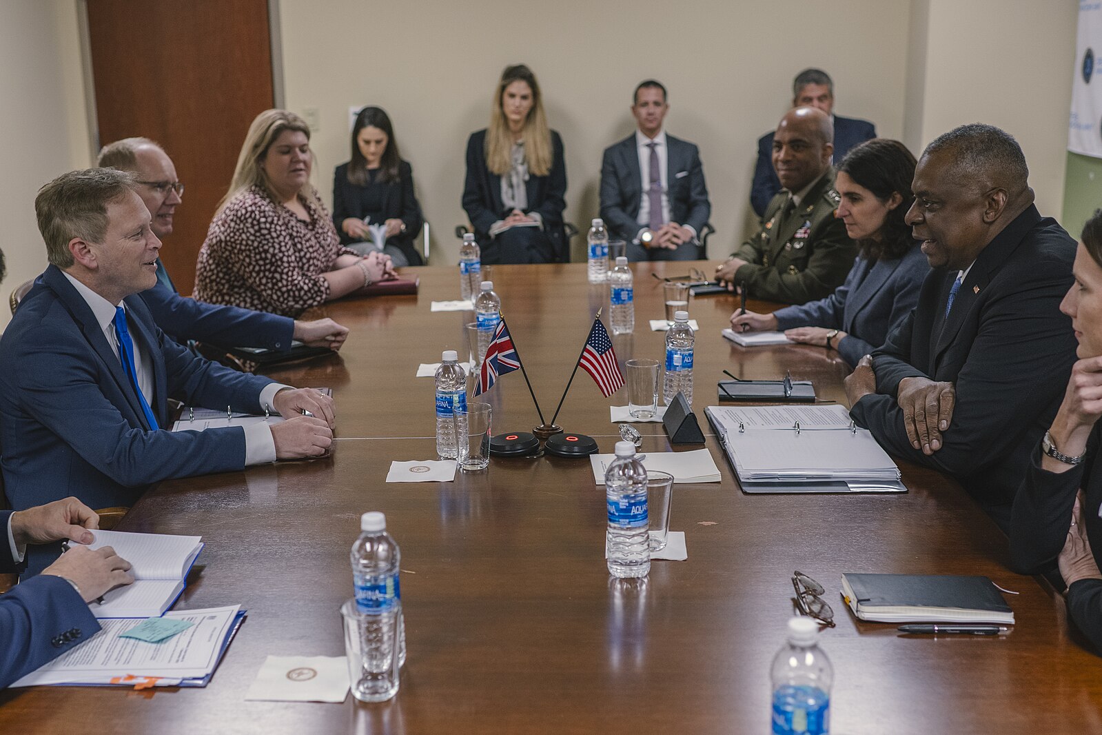 Secretary of Defense Lloyd J. Austin III seated with Richard Marles MP, Deputy Prime Minister and Minister of Defence, Australia, and the Right Honourable Grant Shapps, Secretary of State for Defence, United Kingdom at Moffett Field, Calif, Dec. 1, 2023. The three leaders met to discuss the Australia-United Kingdom-United States Security Partnership (AUKUS) on the campus of the Defense Innovation Unit. The leaders will review progress made in implementing the Optimal Pathway to provide Australia with a conventionally-armed, nuclear powered submarine capability and discuss current and future efforts to develop and deliver advanced capabilities and promote deeper collaboration between the three nation's innovation ecosystems and defense industrial bases.(DoD photo by Chad J. McNeeley)